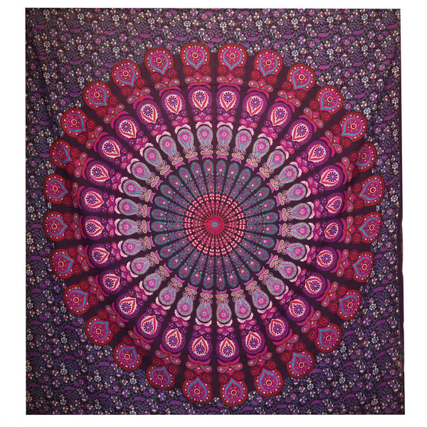 Doppelbettdecke, Ritualtuch, Wandbehang aus Baumwolle und Wandteppich — Mandala Peacock — Violett - 230 cm x 200 cm