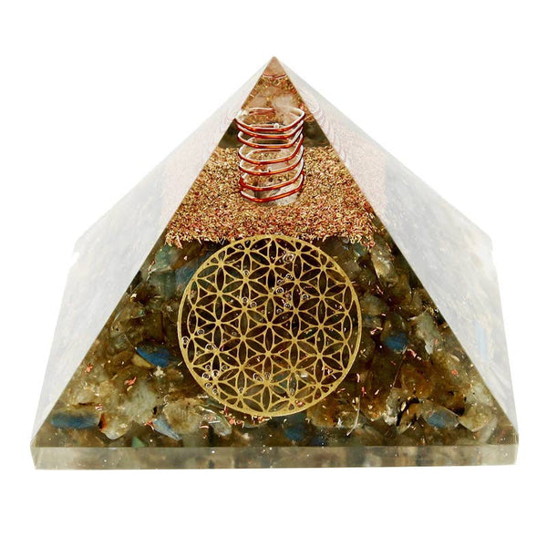 Artisans de Madagascar - Labradorit-Orgonit-Pyramide „Blume des Lebens“ 7,5 cm