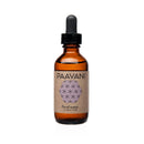 Eine braune Glaspipettenflasche, etikettiert mit „PAAVANI floral water ALL SKIN TYPES“ und einem rosa geometrischen Muster auf einem Kraftpapier-Etikett.