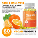 A jar of probiotic gummies with text reading "5 Billion CFU Orange Flavor Boosts Energy" and fresh oranges beside it. The text describes the product as a vegan product supporting immunity and digestion.