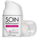 Weiße Pumpflasche der 'Soin Raffermissant & Remodelage des Bras' straffenden Armcreme von Institut Claude Bell, mit transparentem Deckel, auf weißem Hintergrund.