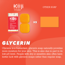 Roter Hintergrund mit der Schachtel „Koji White Kjoc Acid Skin Brightening Soap“ und zwei orangefarbenen Seifen auf der linken Seite und einer einfachen orangefarbenen Seife auf der rechten Seite. Der folgende Text erklärt die Vorteile von Glycerin für trockene oder empfindliche Haut.