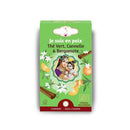 Grüne und rote Schachtel Ayurvedischer Tee mit der Aufschrift „Je suis en paix“ (Ich bin in Frieden) mit Grünem Tee, Zimt & Bergamotte. Die Schachtel zeigt eine Göttin (Yashoda), die ein Baby (Krishna) hält, und enthält ein 4 Chakra-Etikett.