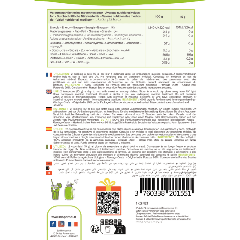 Nährwertangaben und Anwendungshinweise für Bio-Psylliumschalen, einschließlich Zutaten, Lagerungsempfehlungen und mehrsprachiger Anleitung.