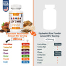 Eine Vergleichsseite für Nahrungsergänzungsmittel, die Harmonify Lion's Mane mit einem Konkurrenzprodukt vergleicht, wobei die Mengen an Lion's Mane, Turkey Tail, Reishi, Chaga, Oyster, Porcini und Enoki pro Portion detailliert aufgeführt sind. Harmonify zeigt eine höhere Gesamtmenge von 1250 mg im Vergleich zu 400 mg des Konkurrenten.