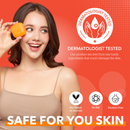 Lächelnde Frau hält orangefarbene Seife vor einem leuchtend orangefarbenen Hintergrund. Der Text lautet „Dermatologisch getestet“ mit Symbolen für „Nicht an Tieren getestet“, „Ohne SLS“ und „Parabenfrei“. Fettgedruckter Text: „Sicher für Ihre Haut.“