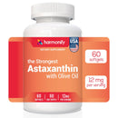 Eine weiße Flasche Harmonify Astaxanthin mit Olivenöl Nahrungsergänzungsmittel mit einem orangefarbenen Etikett, das angibt, dass sie 60 Kapseln mit 12 mg pro Portion enthält.