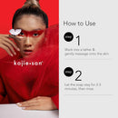 Eine auffällige Beauty-Aufnahme einer Frau mit hohem Dutt, rotem Tüllstoff und kräftigem rotem Augen-Make-up, neben den Anweisungen für die Kojie.san-Seife: Schritt 1 (Aufschäumen und sanft einmassieren) und Schritt 2 (Seife 2-3 Minuten einwirken lassen, dann abspülen)