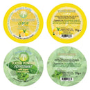 Vier Produktetiketten für Zahnputzpulver, zwei für die Sorte Zitrone und zwei für die Sorte Pfefferminze. Die Etiketten zeigen Inhaltsstoffe und Anwendungshinweise.