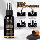 Eine Flasche Eco Finest Organic Black Rice Water Spray mit der Aufschrift „ULTRA-STRONG FORMULA“, umgeben von Icons, die die Vorteile hervorheben: Reparatur von Kopfhautschäden und Spliss, Vorbeugung zukünftiger Schäden, Anti-Haarausfall-Lösung und Förderung des Haarwachstums.