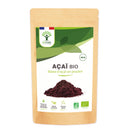 Açai-Biopulverpackung mit braunem Beutel mit grünen Akzenten, die die ernährungsphysiologischen Vorteile hervorheben, und einem Gewicht von 50 g.