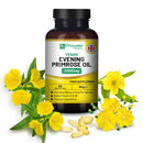  Eine Prowise Vegan Evening Primrose Oil Flasche steht im Mittelpunkt, umgeben von gelben Blüten und einigen verstreuten Öl-Softgels.