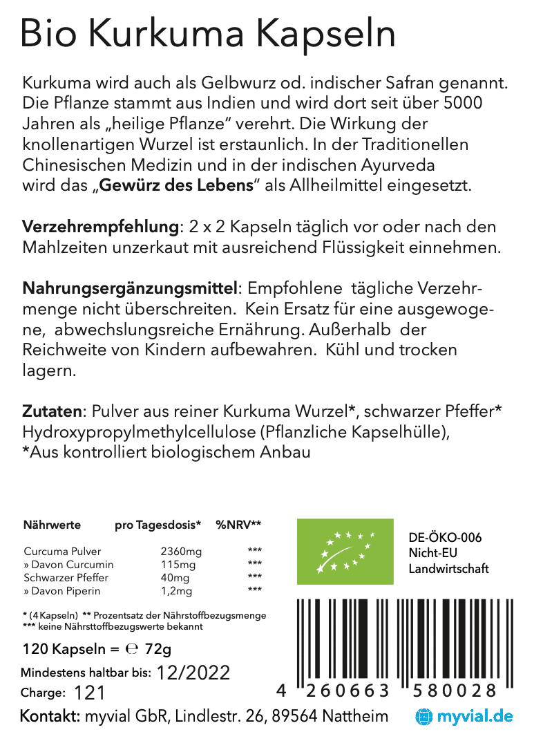 Bio Kurkuma Kapseln mit Bio Pfeffer 120 Stück- Vegan