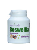 Eine weiße Plastikflasche mit Klappdeckel, beschriftet mit "Ayurveda autentico Boswellia" Pflanzenkapseln. Das Etikett zeigt prominent "Sin Gluten" (glutenfrei), "OMG" (gentechnikfrei) und "60 Cápsulas", was auf 60 Kapseln hinweist.