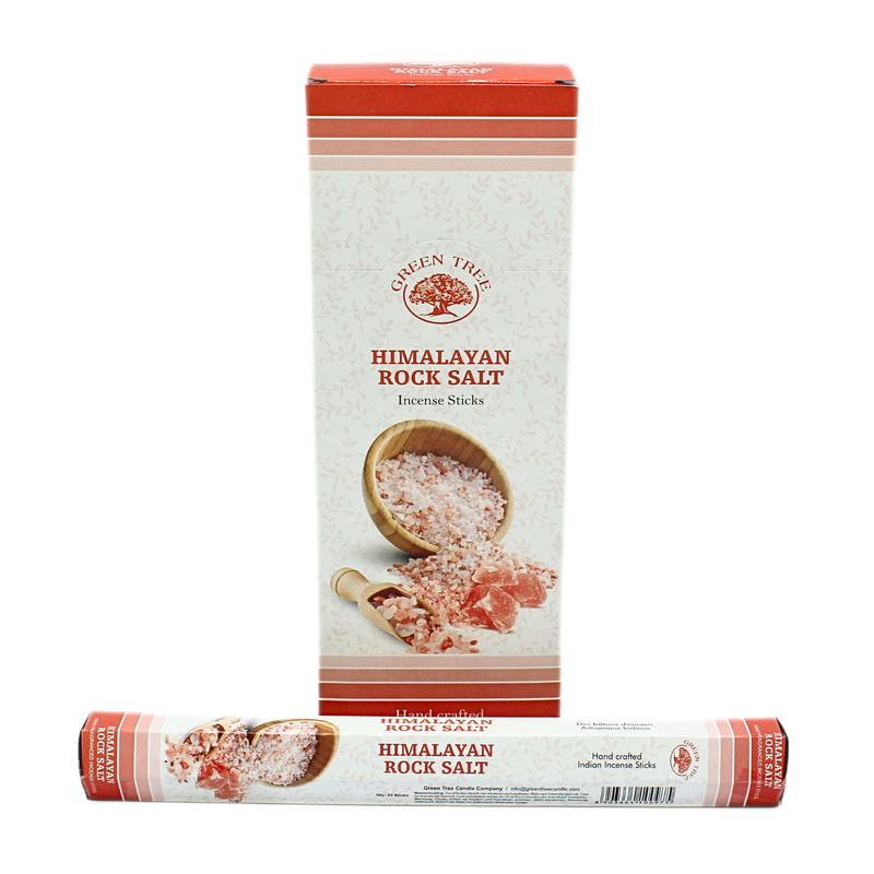 Eine vertikale Verpackung und eine einzelne Packung für GREEN TREE Himalayan Rock Salt Räucherstäbchen mit einem Bild von rosa Steinsalz.