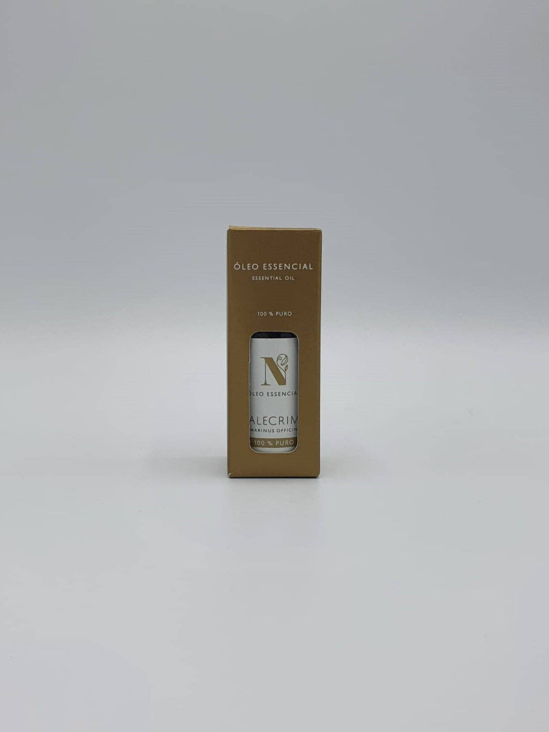 Kleine braune Pappschachtel mit einer Flasche Rosmarinöl (Alecrim).