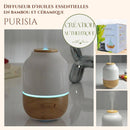 Werbung für den "Purisia" Aroma-Diffusor aus Bambus und Keramik mit blauem Licht und Dampf.