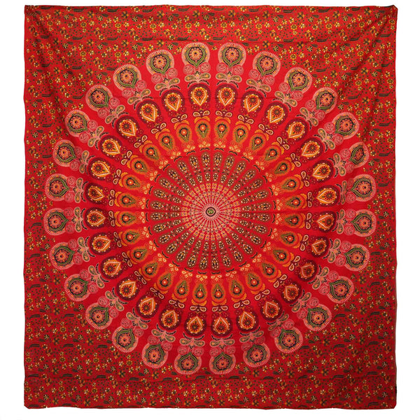 Doppelbettdecke, Ritualtuch, Wandbehang aus Baumwolle und Wandteppich — Mandala Peacock — Rot - 230 cm x 200 cm