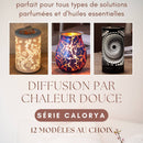 Werbebild für drei verschiedene elektrische Duftlampen/Wärmediffusoren mit der französischen Aufschrift "DIFFUSION PAR CHALEUR DOUCE (Sanfte Wärmeverbreitung) - SÉRIE CALORYA".