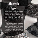 Textgrafik, die die zwei Hauptarten von Schungit beschreibt: Normaler Schungit und metallischer Elite-Schungit.