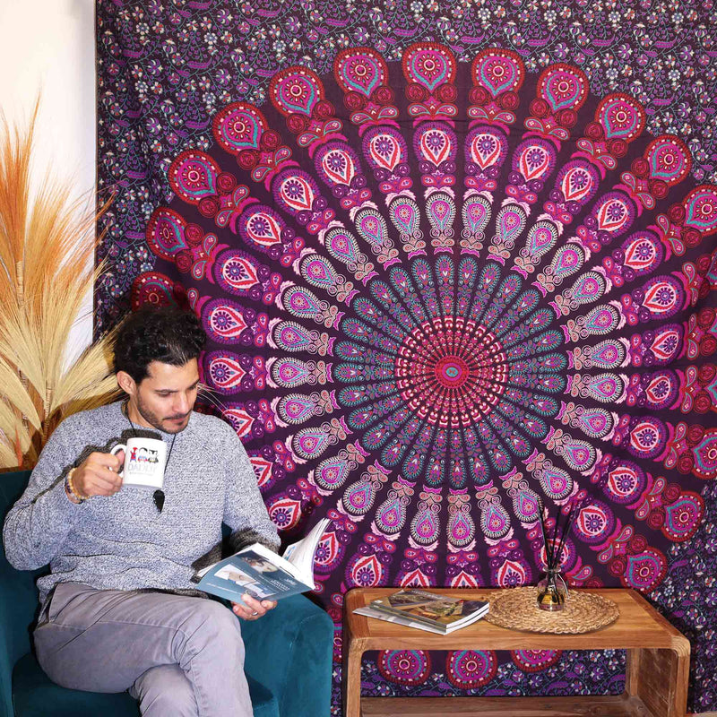 Doppelbettdecke, Ritualtuch, Wandbehang aus Baumwolle und Wandteppich — Mandala Peacock — Violett - 230 cm x 200 cm