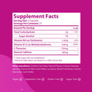  Eine "Supplement Facts"-Tabelle für Kaugummikapseln, die pro Portion 2g Kohlenhydrate, 2g Zuckeralkohol, 1.4mg Vitamin B6, 4.8mg Vitamin B12, 120mg L-Theanin und 80mg natürliches Koffein auflistet, sowie andere Inhaltsstoffe und Zertifizierungen (vegan, Aspartam-frei, glutenfrei, zuckerfrei).