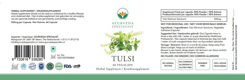 Ayurveda Specialist BV – Tulasi (Tulsi) 500 mg, capsules – Soutien du système respiratoire, du cœur et de la vitalité