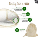 Weiße wiederverwendbare Tagespads (12x) mit Fingertasche, 4-lagigem Design, superweichem Samt mit antibakteriellen Bambusfasern und einem Waschsack aus 100% Baumwolle.