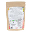 Die Rückseite des 100-g-Beutels von ErbaVoglio Bio-Hagebuttenpulver mit detaillierten mehrsprachigen Anweisungen (Italienisch, Englisch, Spanisch, Deutsch, Französisch), Nährwertinformationen und verschiedenen Bio- und Qualitätszertifizierungen.