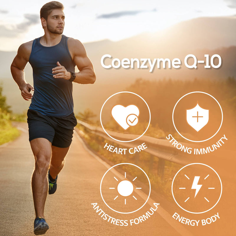 Ein Mann joggt im Freien, umgeben von Icons, die die Vorteile von Coenzym Q-10 hervorheben: "Herzpflege", "Starke Immunität", "Antistress-Formel" und "Energie für den Körper".