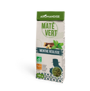 Eine Packung AROMANDISE Maté Vert (Grüner Maté) mit Minze-Lakritze (Menthe Réglisse), 100g. Die Verpackung trägt die Zertifizierungen „AB Agriculture Biologique“ (Ökologischer Landbau) und „Fair for Life“ und zeigt Grafiken von Lakritzwurzel, Minzblättern und getrockneten Kräutern.