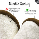 Nahaufnahme im Vergleich zweier wiederverwendbarer Wattepads, hebt die "Dauerhafte Qualität" einer neuen Version mit kleineren, stärkeren Schlaufen gegenüber einer alten Version mit größeren, schwächeren Schlaufen hervor.