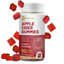 Eine durchsichtige Flasche ProGummies Apple Cider Gummies mit 60 veganen Gummibärchen, die eine 1000 mg Tagesdosis mit Vitamin C, Chrom und Granatapfel enthalten. Mehrere rote, quadratische Gummibärchen sind um die Flasche herum verstreut.