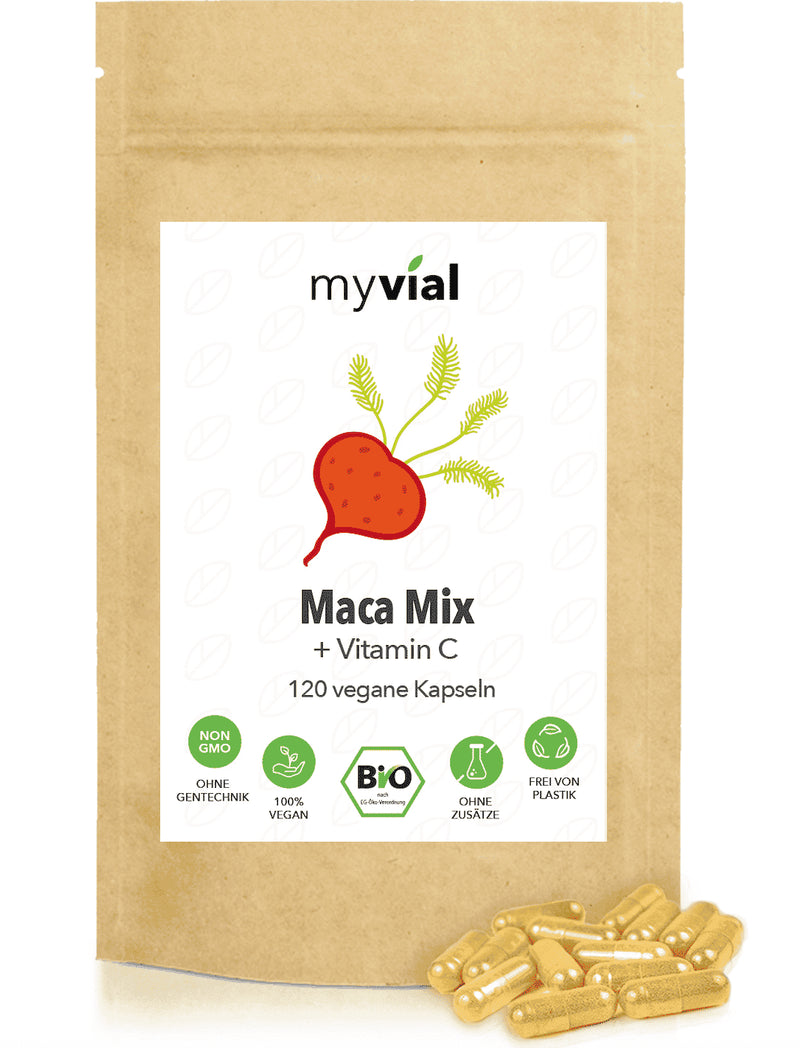 Bio Maca Kapseln (Schwarz, Rot, Gelb Mix) + Vit. C - Vegan