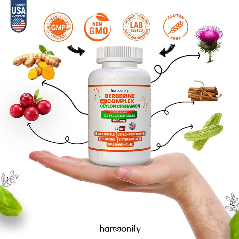 HARMONIFY Berberine with Ceylon Cinnamon, Pure Turmeric, Milk Thistle &amp; Bitter Melon, 5-in-1 Formula, 120 Purified Vegetable Capsules 1000 mg | Gluten-Free, Non-GMO