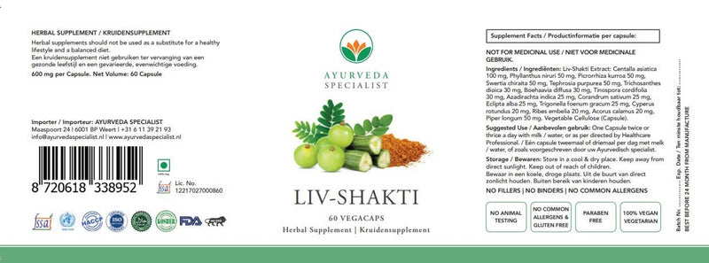Ayurveda Specialist BV - Life Energy 500 mg – Formule ayurvédique pour la force du foie et la digestion 