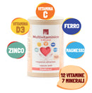 Eine Dose ErbaVoglio Multivitaminico & Minerali Nahrungsergänzungsmittel mit hervorgehobenen Schlüsselzutaten: Vitamin C, Vitamin D3, Eisen, Magnesium, Zink und die Gesamtanzahl von 12 Vitaminen 7 Mineralien.