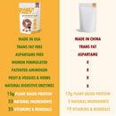 Eine vergleichende Tabelle zwischen "Shake It Take It" (hergestellt in den USA, transfett- und aspartamfrei, mit 15g pflanzlichem Protein und 52 natürlichen Inhaltsstoffen) und einem generischen Produkt (hergestellt in China, mit Transfetten und Aspartam, 12g pflanzlichem Protein und 5 natürlichen Inhaltsstoffen).