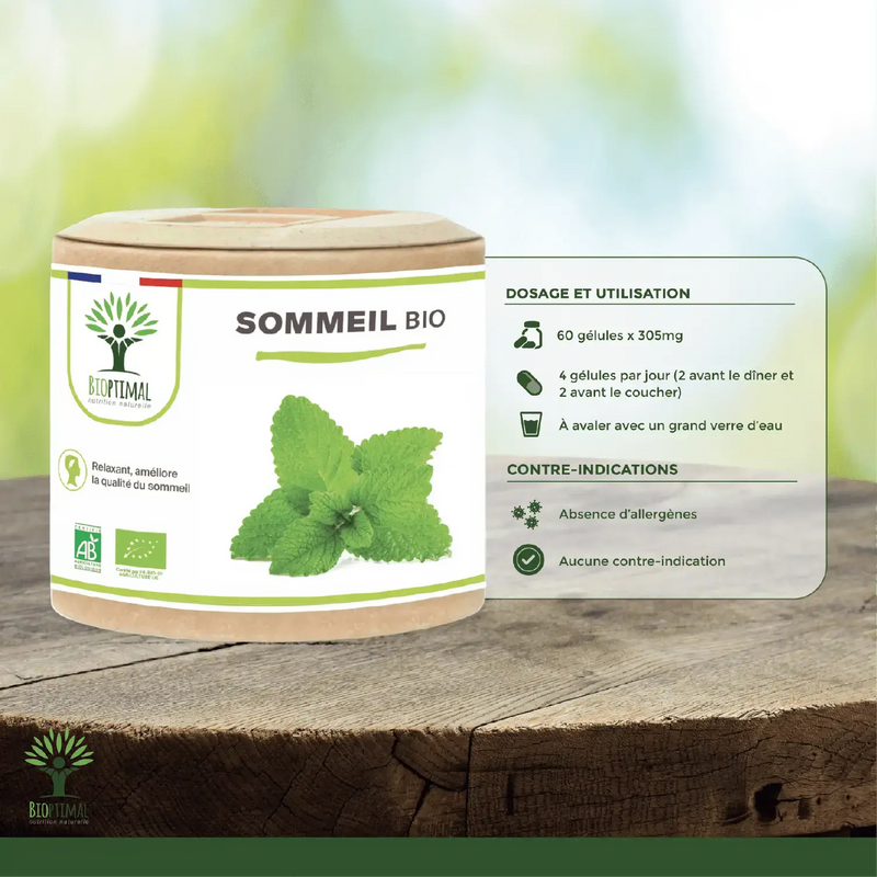 Bioptimal Sommeil Bio Nahrungsergänzung mit 60 Kapseln, Dosierungsanleitung, allergenfrei und ohne Gegenanzeigen.