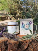 Tiegel und Schachtel der Lavendel-Feuchtigkeitscreme (Rosmaninho & Alfazema) mit getrocknetem Lavendel auf einem Baumstumpf.