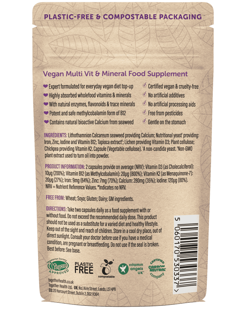 Vegan Multi — Veganes Nahrungsergänzungsmittel - 60 Kapseln, B12, Eisen, Calcium - Müdigkeit