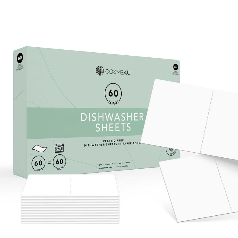 Eine Packung Cosmeau plastikfreier Spülmaschinentabs für 60 Spülgänge, mit einzelnen ausgebreiteten Blättern, die umweltfreundliche Eigenschaften hervorheben.