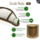 Weißes wiederverwendbares Scrub Pad (4x) mit Fingertasche und Peeling-Material, daneben ein Bambushalter mit extra breiter Öffnung für einfachen Zugriff.