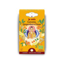  Eine Verpackung von "Je vois" Ayurveda-Tee mit goldgelbem Hintergrund. Die Vorderseite zeigt einen meditierenden Buddha, umgeben von Illustrationen von Kurkuma, Ingwer und Zitronen. Der Text auf der Verpackung lautet "Curcuma, Gingembre & Citron," "Infusion Ayurvédique," und "Chakras - 6ème & 7ème Chakra." Ein Bio-Zertifizierungslogo ist ebenfalls zu sehen.
