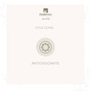  Eine Grafik von ErbaVoglio (dal 1976) mit dem Text „UTILE COME:“ , die ein kreisförmiges Icon mit einem zentralen Kern und umgebenden Punkten zeigt, was darauf hinweist, dass das Produkt als Antioxidans („ANTIOSSIDANTE“) nützlich ist.