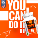 Eine orangefarbene, motivierende Werbeanzeige für ein Nahrungsergänzungsmittel namens „WellnessPro B block n burn". Der Text „YOU CAN DO IT" ist groß zu sehen, und eine Zeichentrickhand zeigt auf eine Flasche des Produkts.