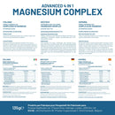 Eine Infografik zeigt die Prowise Advanced 4 in 1 Magnesium Complex Verpackung mit detaillierten Nährwerttabellen und Anwendungshinweisen in Italienisch, Deutsch und Spanisch.