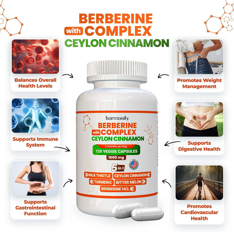 HARMONIFY Berberine with Ceylon Cinnamon, Pure Turmeric, Milk Thistle &amp; Bitter Melon, 5-in-1 Formula, 120 Purified Vegetable Capsules 1000 mg | Gluten-Free, Non-GMO