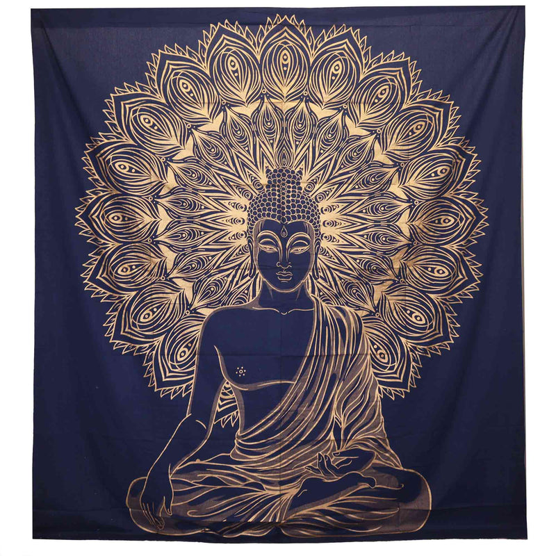 Bettdecke, Ritualtuch, Wandbehang für 2 Personen aus Baumwolle und Wandteppich, Buddha, Blaugold - 230 cm x 200 cm