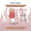 Eine Infografik bewirbt "LOVE TONIC" als aphrodisiakische Schokolade, die Libido und sexuelle Leistung stimuliert. Sie hebt Milchschokolade mit Ingwer und Karamellstückchen, Liboost, Maca und Zink für hormonelle Regulierung hervor.